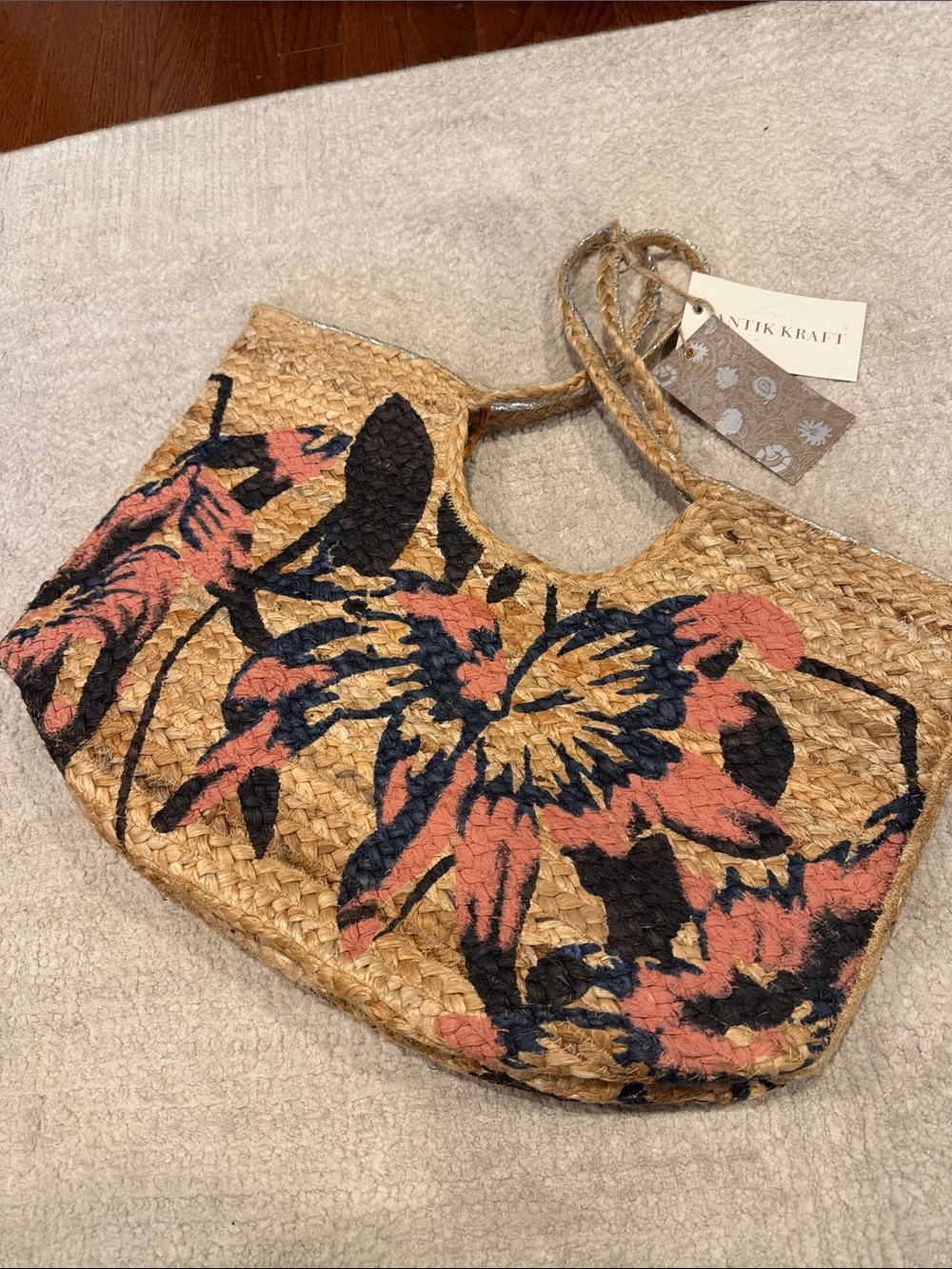 Antik Kraft Natural Straw Tote with Coral and Black Floral Design